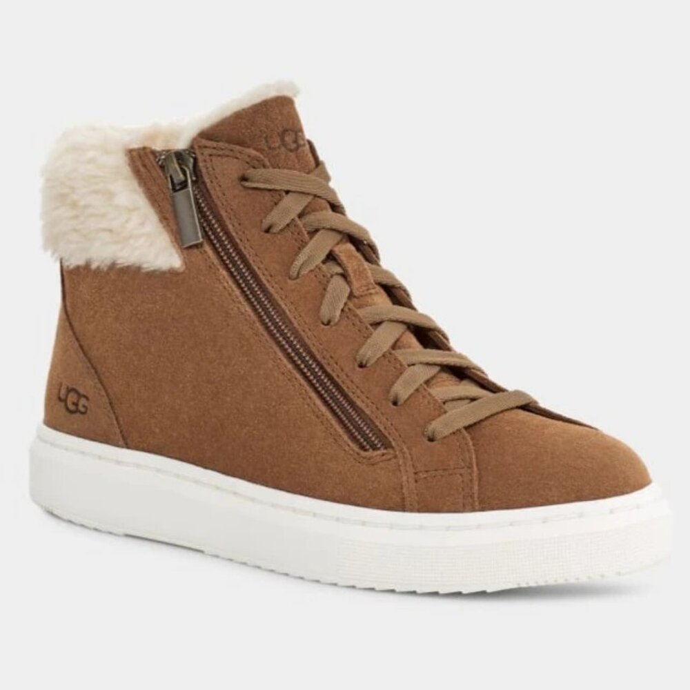 UGG | ALAMEDA High-top Zip Sherpa Trim Sneakers | Chesnut | Size 8.5